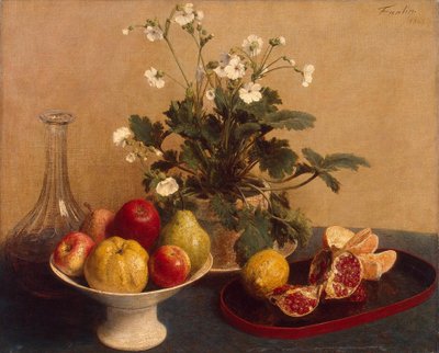 Flores, plato con frutas y garrafa de Ignace Henri Jean Fantin Latour